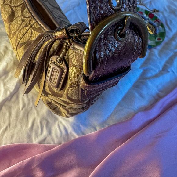 🤎 Vintage COACH F05Q-8K36 Monogram Mini Hobo Bag | Snakeskin Trim & Tassel Y2K - Picture 6 of 9